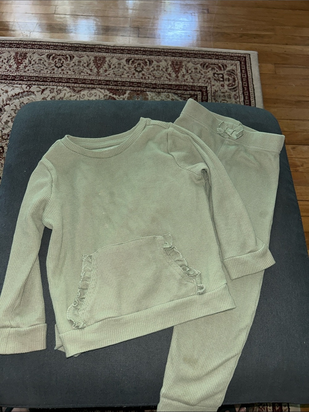 Girls Sage Green Waffle Knit Loungewear Set